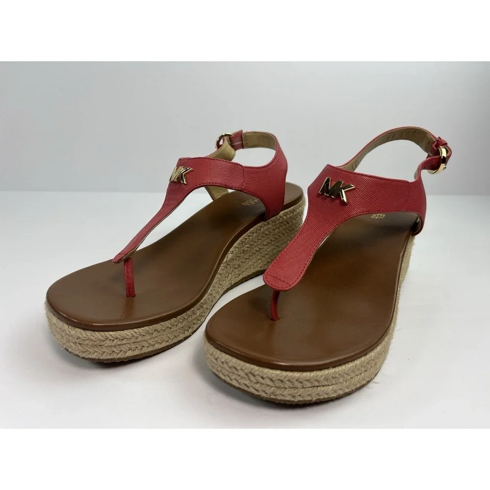 Michael Kors Platform Espadrille Wedge Leather Sandals Pink Size 8 Laney Thong